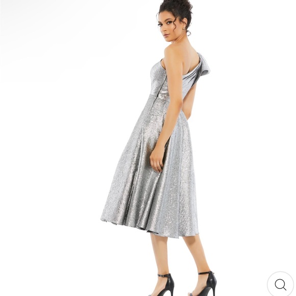 Mac Duggal Dress Silver 6 One Shoulder Bow Midi Gown Ruffle 67906 New - Picture 3 of 13